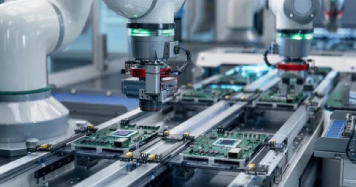 Robotic arms assembling circuit boards on a high-tech production line.