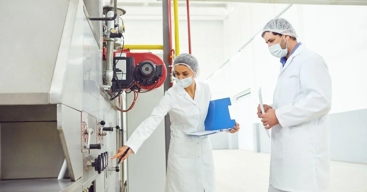 Two food processing plant workers inspecting stainless steel equipment