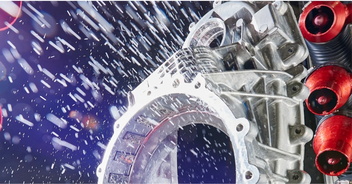 Air cannons in action spraying air to remove liquid from a metal automotive part