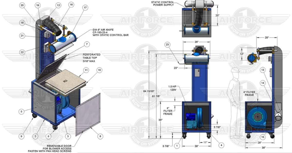 Technical drawing of a manual downdraft table station with dimensions