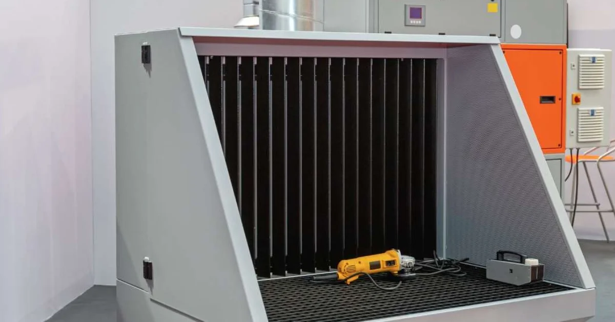 Dust and fume filtration booth with tools on work surface