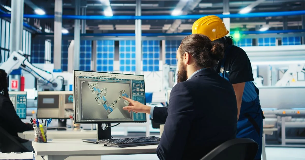 Engineer and worker reviewing industrial blow-off system