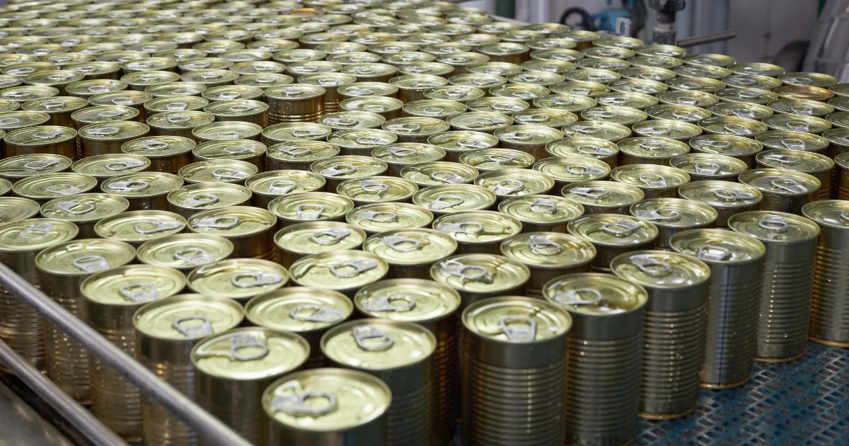 Rows of metal cans moving along automated conveyor line.