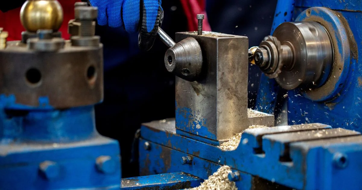 Machinist operating metal lathe during precision manufacturing process.