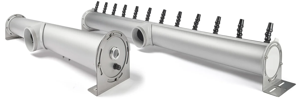 Two specialty air knives made by Air Force 1 Blow Off Systems, including one with adjustable nozzles for targeted airflow.