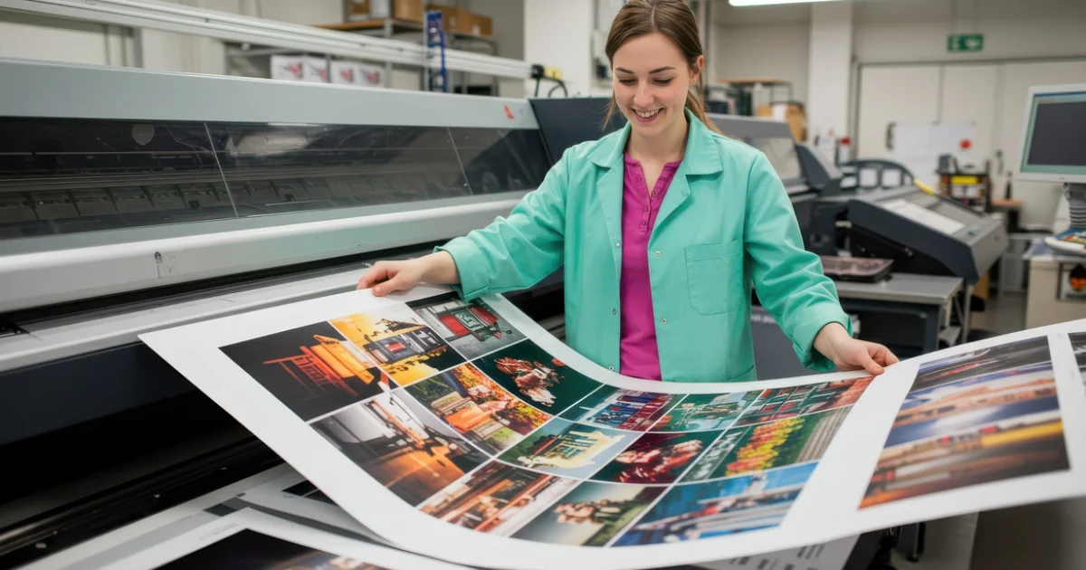 Smiling woman in a green coat reviewing large printed photo sheets at a commercial print shop.