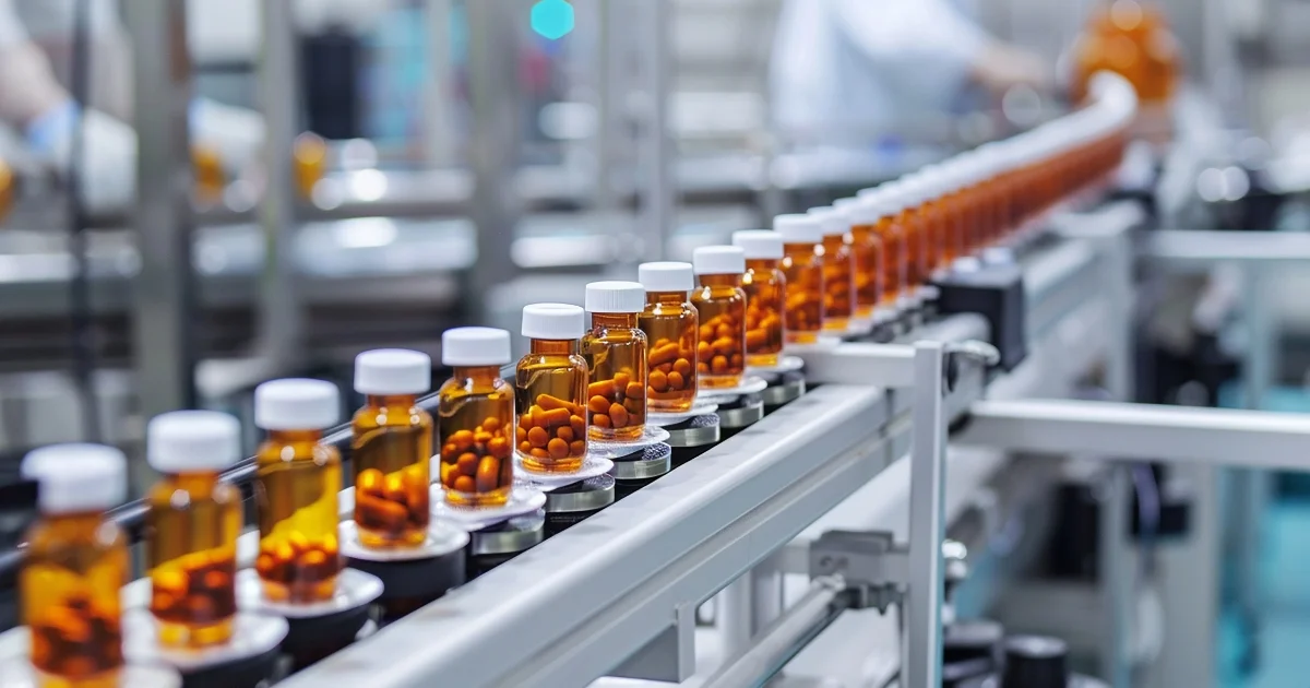 Pharmaceutical production line with rows of amber pill bottles on a conveyor.