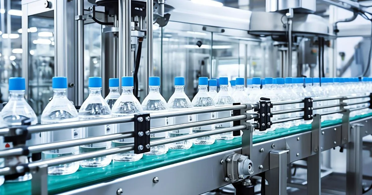 Plastic water bottles with blue caps moving along an automated conveyor in a bottling plant
