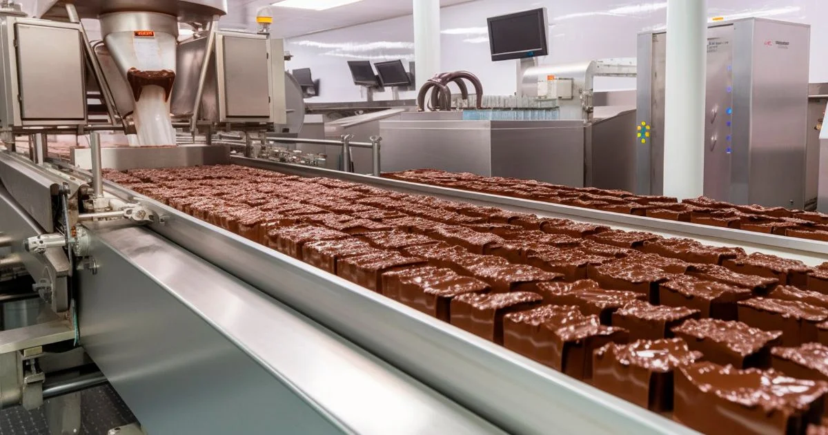 Rows of molded chocolate bars on a conveyor belt in a factory setting.