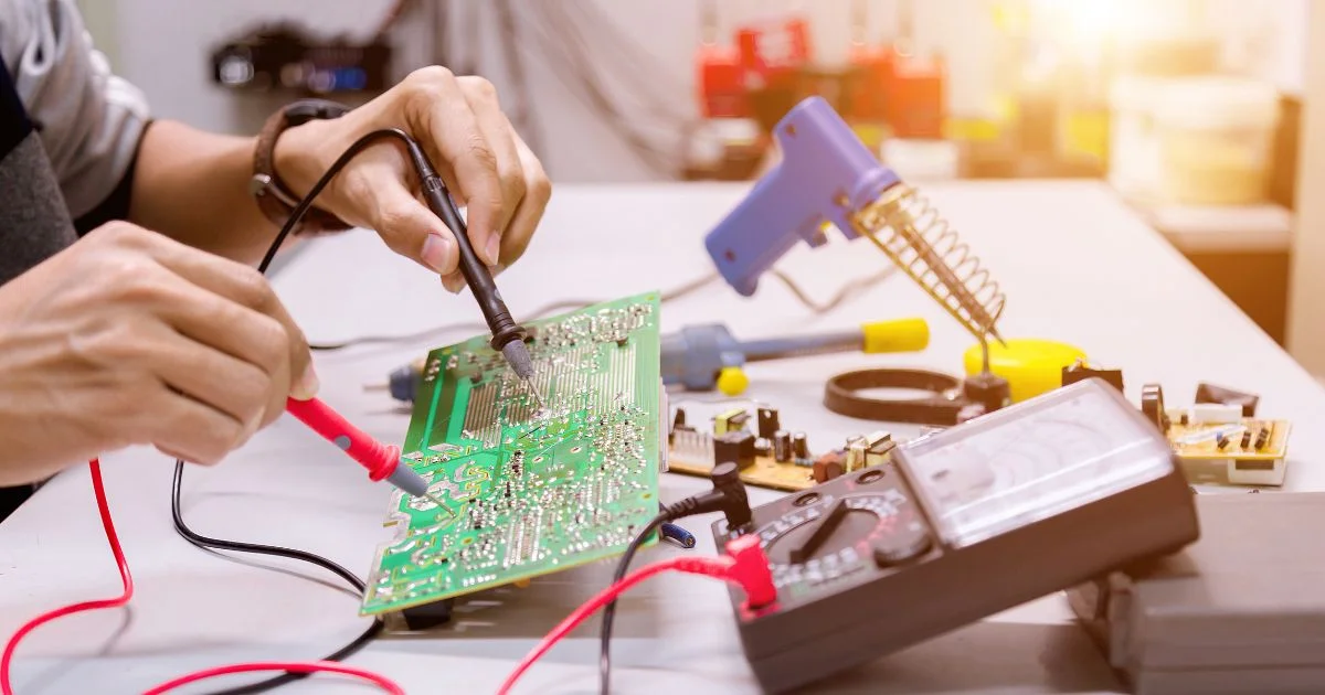 Technician testing electronic circuit board with probes.