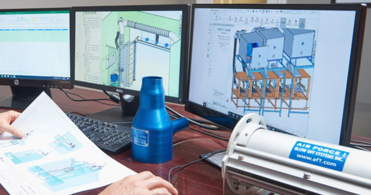 Engineer reviewing CAD design of air system on monitors.