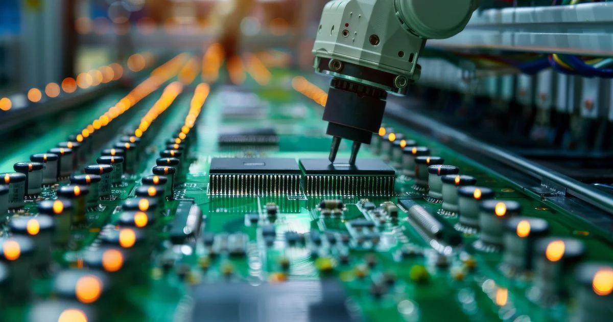 Robot arm placing chips on circuit board in factory.