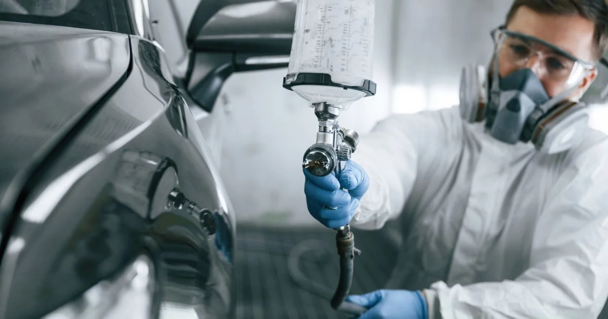 Man spray painting a car in workshop