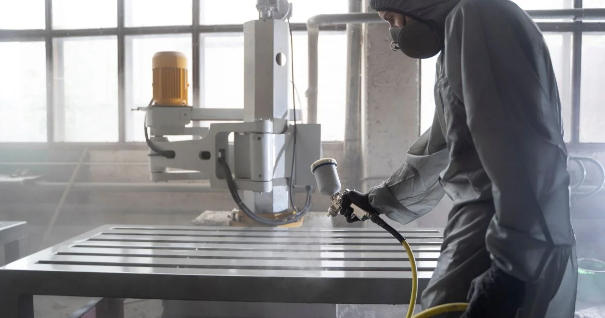 Worker spray painting metal surface in factory