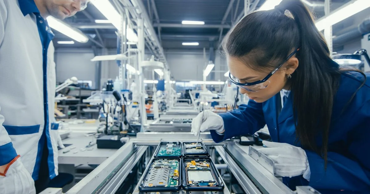 Technician inspecting electronics on a manufacturing assembly line.