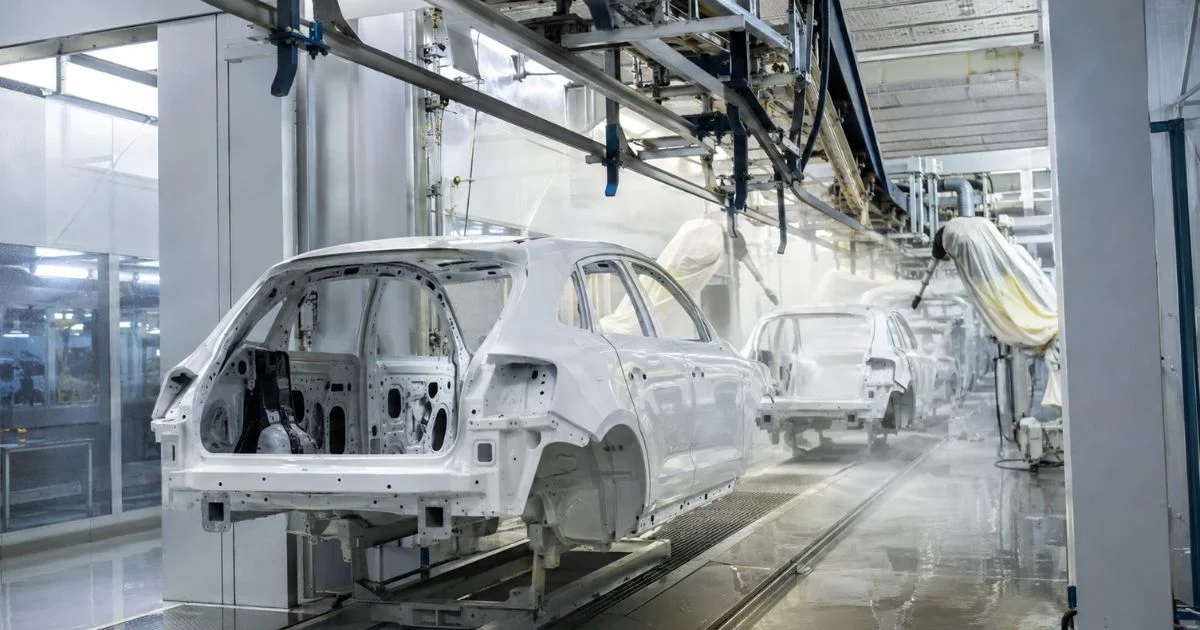 Automotive bodies moving through an industrial paint drying line.
