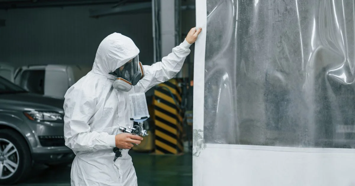 Technician wearing protective suit spraying inside industrial paint booth