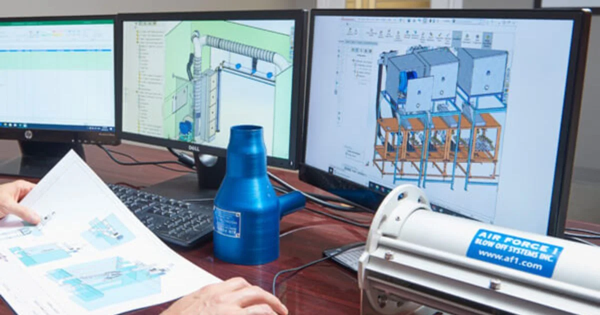 Engineer reviewing blow-off system CAD designs on monitors