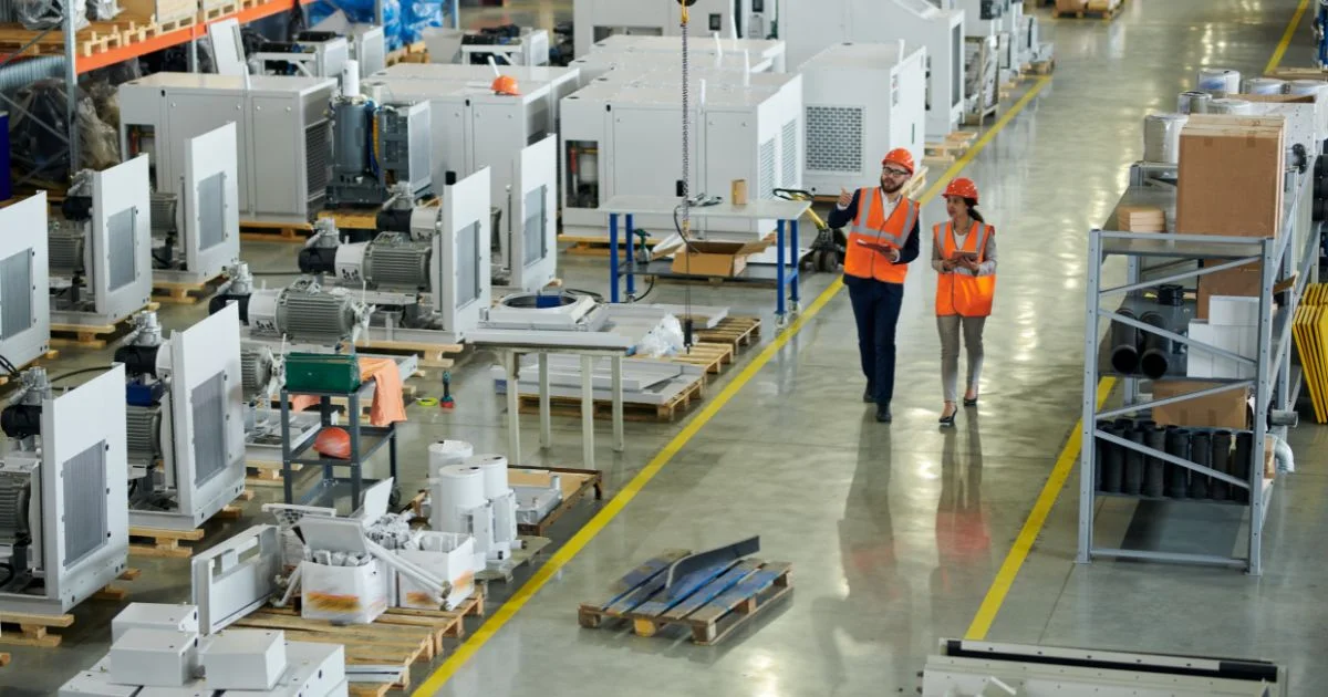 Engineers inspecting automated industrial equipment on production line