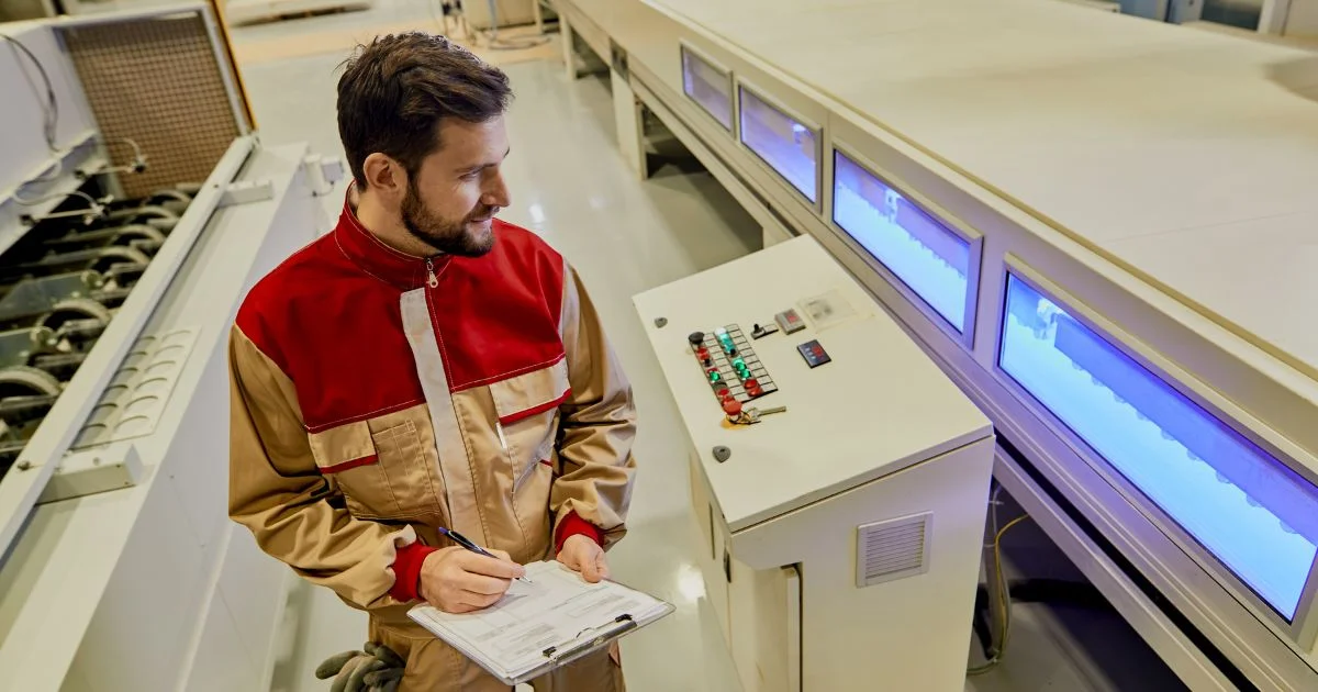 Technician recording quality checks on automated manufacturing system