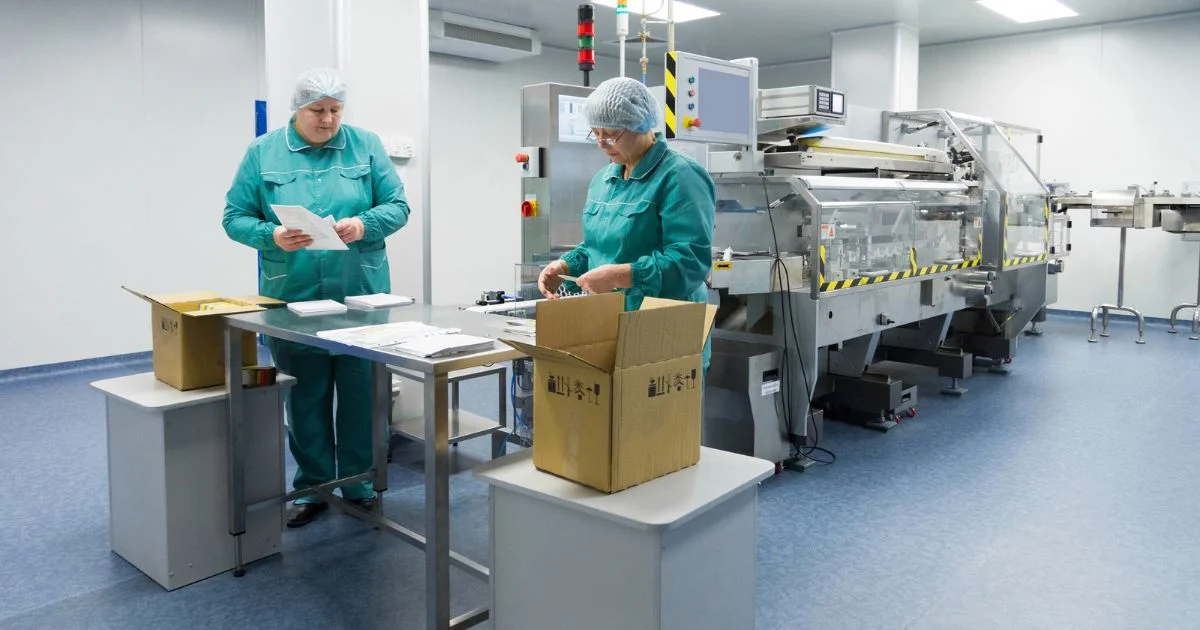 Workers packaging products in clean manufacturing room