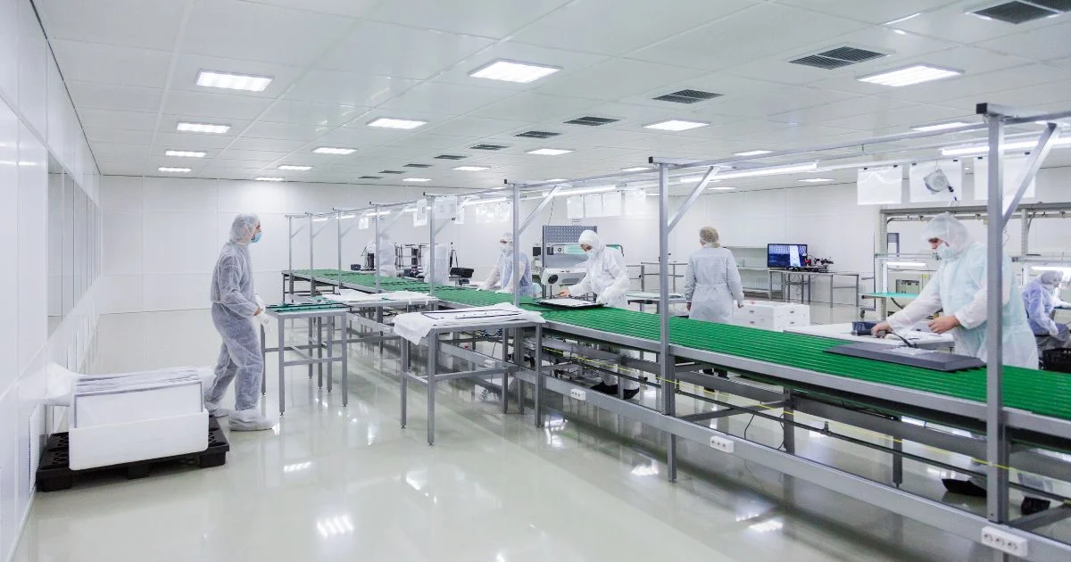 Cleanroom production line with masked staff working
